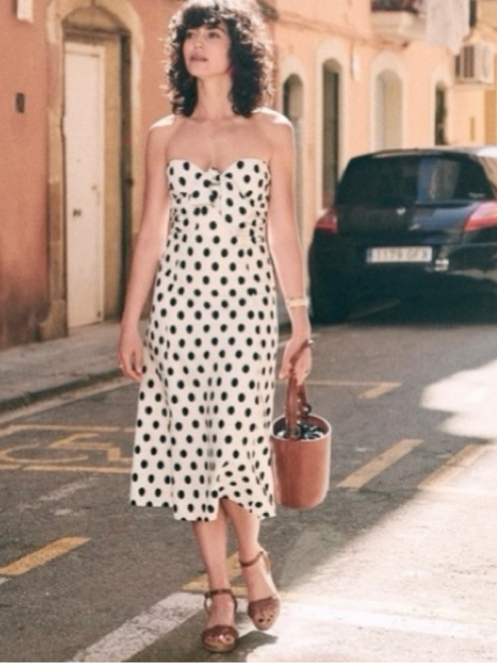 Sézane Beatriz Polka Dot Bow Strapless Midi Dress - Black & White - Size 36